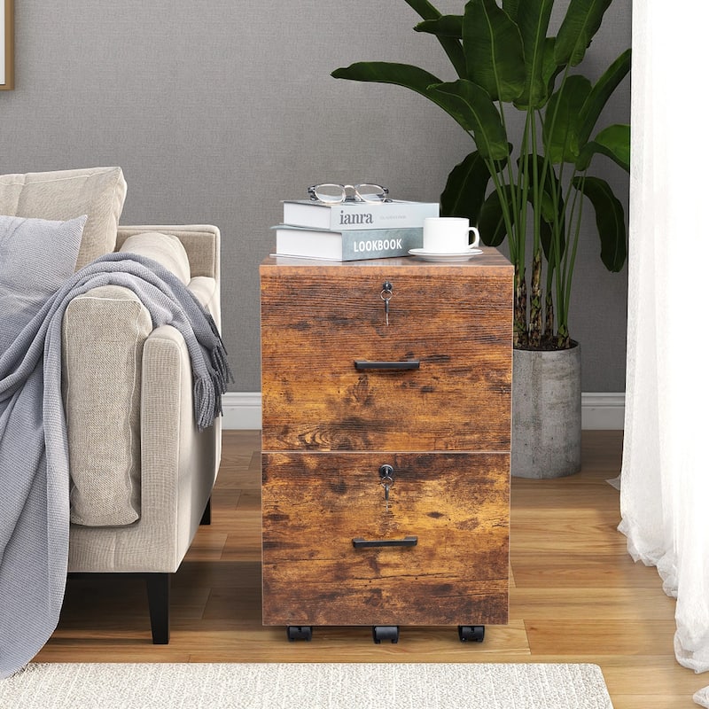 Brown and Black 2-Drawer Rolling Wood File Cabinet with Lockable Wheels for Office Storage