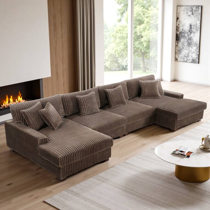 Cotton Flannel 3-Seat Modular Sectional Sofa with Chaise - Light Brown - Symmetrical