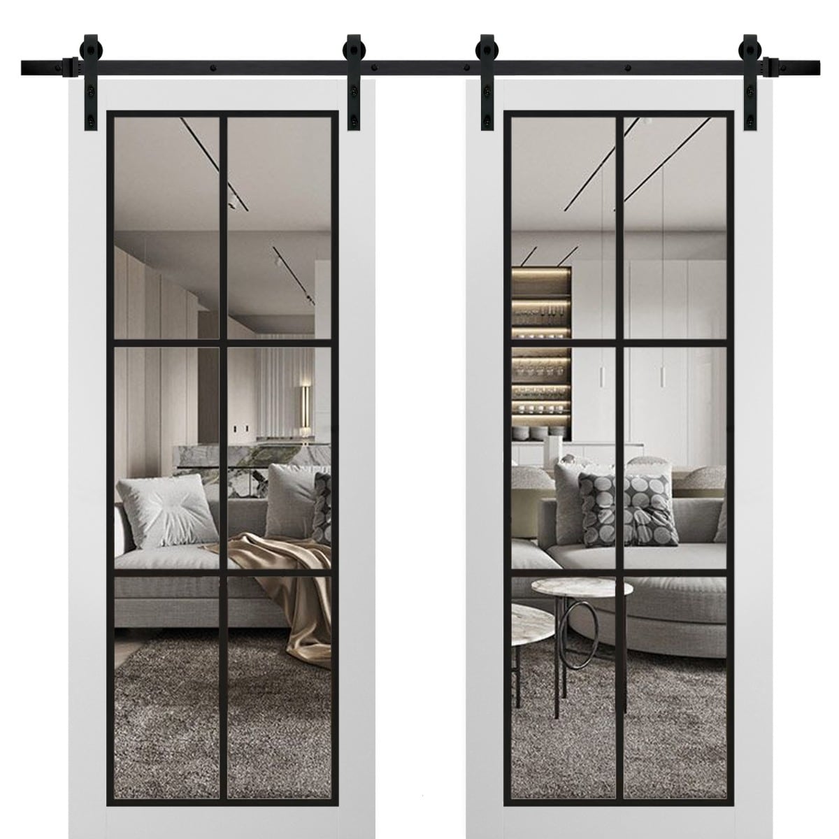 SartoDoors Lucia 2366 | Closet Door Double Barn Door | Solid Wood w/ Glass | Hardware Set | 36x80, White Silk Bedroom Door