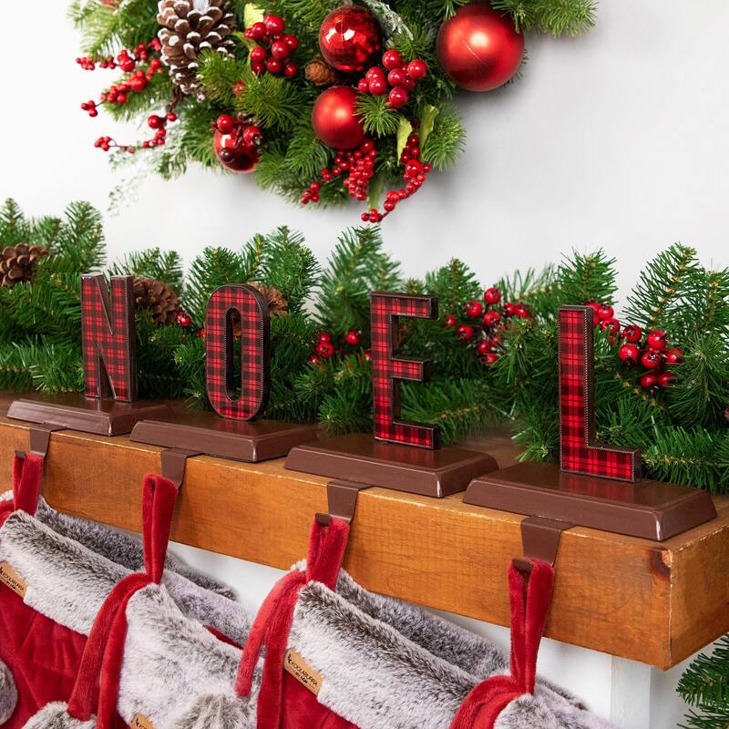 Noel Plaid Christmas Stocking Holders - 6" - Red and Black - Set of 4