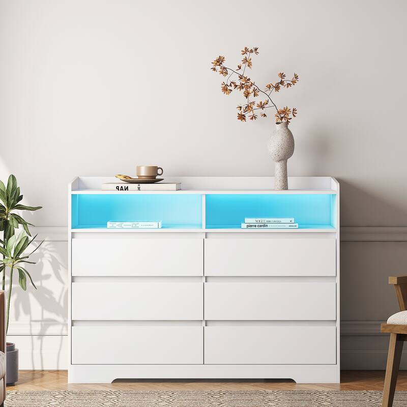 Modern Drawer Dresser with Frame, LED Light 6 Drawers, for Bedroom Living Room Entryway Hallway, White - White