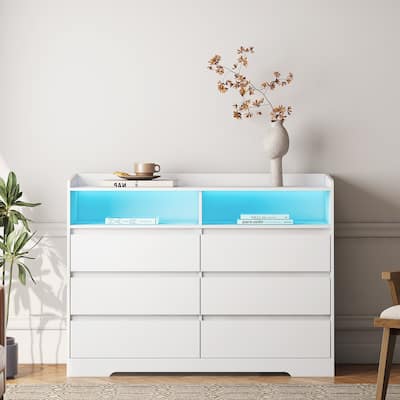 Modern Drawer Dresser with Frame, LED Light 6 Drawers, for Bedroom Living Room Entryway Hallway, White