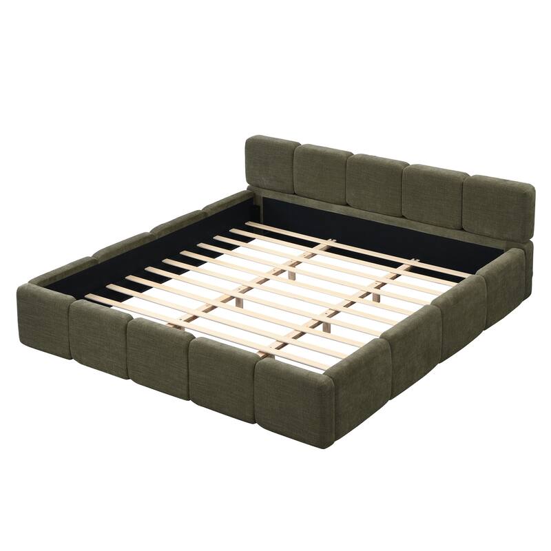 Christopher Knight Home Evelyn Platform Bed with Boucle Upholstery and Thick Block-Style Headboard