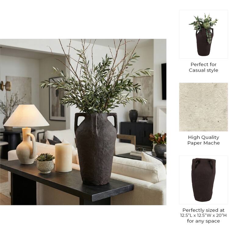 Decorative Vase - Dark Brown Paper Mache Lug Handles, 20"