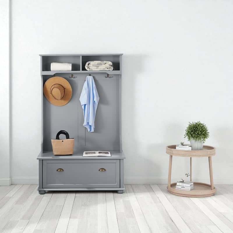 Classic Entryway Hall Tree with Bench, Shelves, Shoe Cabinet & Coat Hooks, Solid Wood Feet Coastal Design