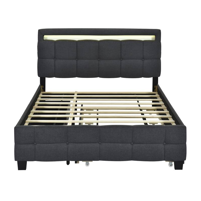 Queen Size Linen Upholstered Platform Bed with Twin XL Trundle and 2 Drawers Wood Storage Bed Frame with LED & Tufted Headboard