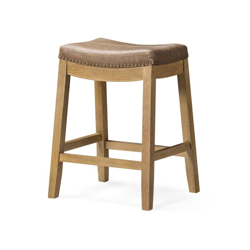 Maven Lane Sophia Saddle Kitchen Dining Stool - Aged Natural with Desert Tan Vegan Leather - Counter Height