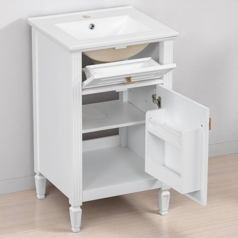 20" Bathroom Vanity with Sink, Freestanding White Cabinet with Ceramic Basin, Tilt-Out Drawer, Adjustable Shelf, Solid Wood Legs