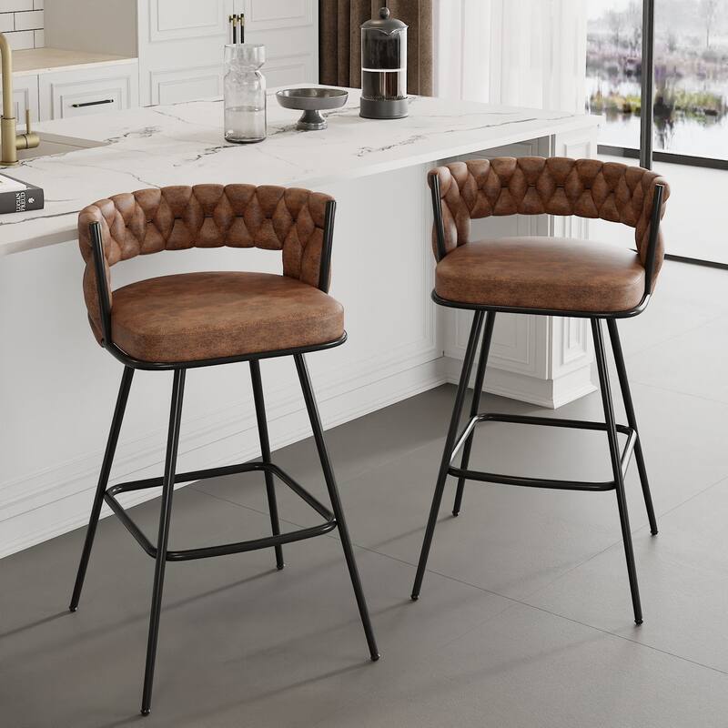 Javlergo Set of 2/4/6 Counter Height Bar Stools, 26.77" Upholstered Woven Back Bar Chairs with Armrests and Footrest