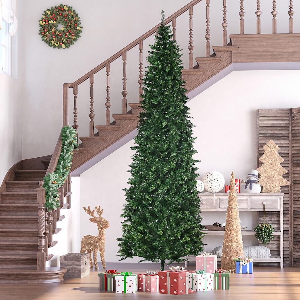 HOMCOM 9ft Tall Pencil Artificial Christmas Tree Holiday Decor with 1298 Branches, Auto Open, Steel Base, Pine Needles, Green