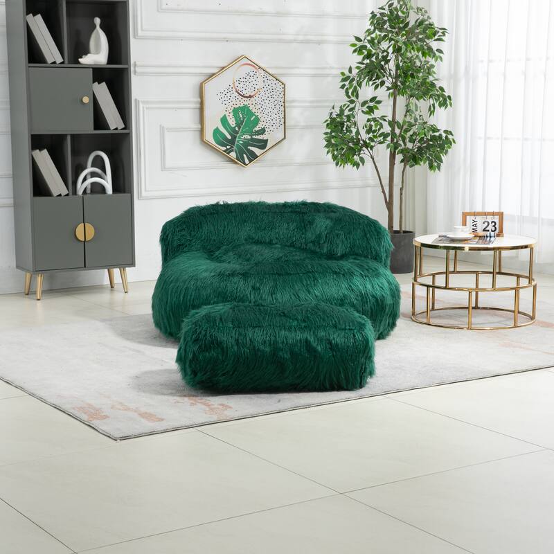 Fluffy Bean Bag Chair with Ottoman, Comfy Bean Bag Lounger for Adults and Kids, Ultra Soft Lazy Sofa Chair with Memory Foam