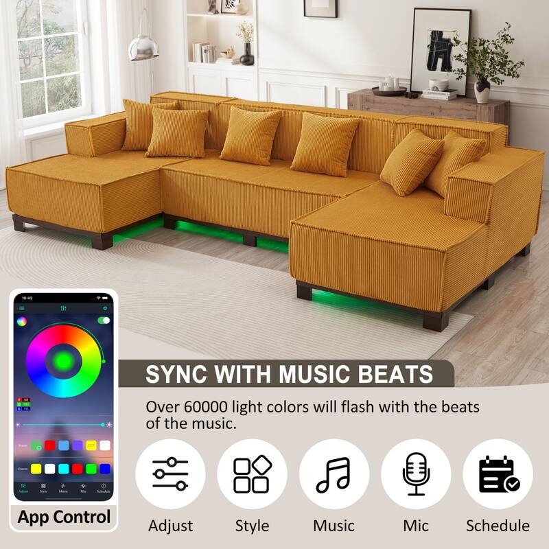 130" U-Shaped Upholstered Sectional Sofa with RGB LED Light Strip and 6 Pillows