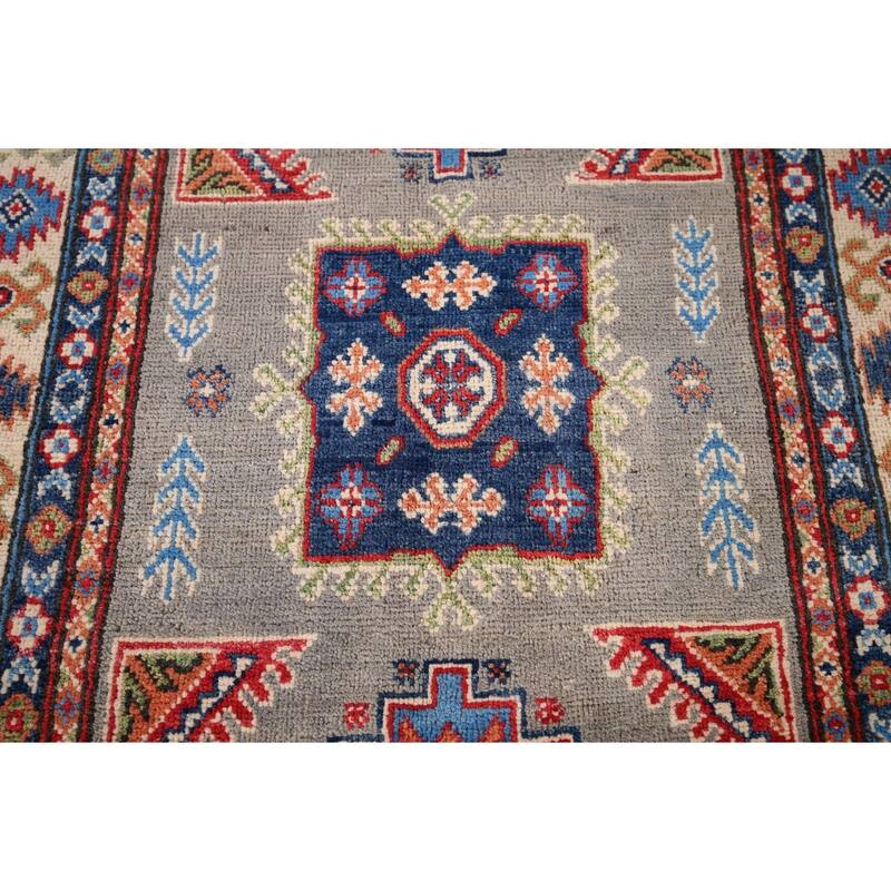 Geometric Kazak Accent Rug Hand-Knotted Traditional Wool Carpet - 3'2" x 5'0"