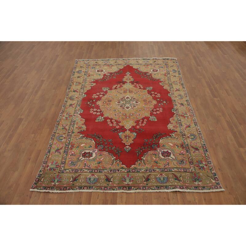 Hand Knotted Oriental 100% Wool Carpet Traditional Floral Red Tabriz Area Rug - 9' 5'' X 6' 2''