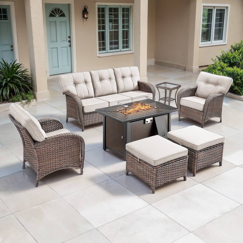TWrap 7-Piece Wicker Patio Iron Fire Pit Conversation Set with 3-Seat Sofa & Armchairs