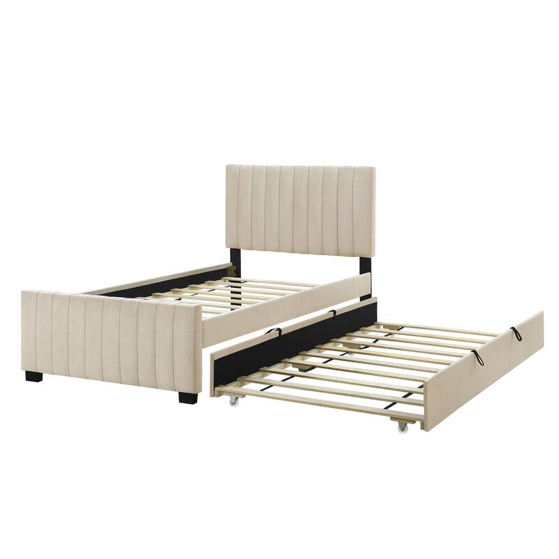 Twin Size Velvet Upholstered Platform Bed with Trundle, Beige