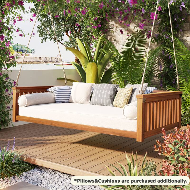 Acacia Wood Twin Size Patio Swing Bed, Outdoor Porch Hanging Bed with Safe Sloped Design and Hemp Ropes for Garden or Backyard