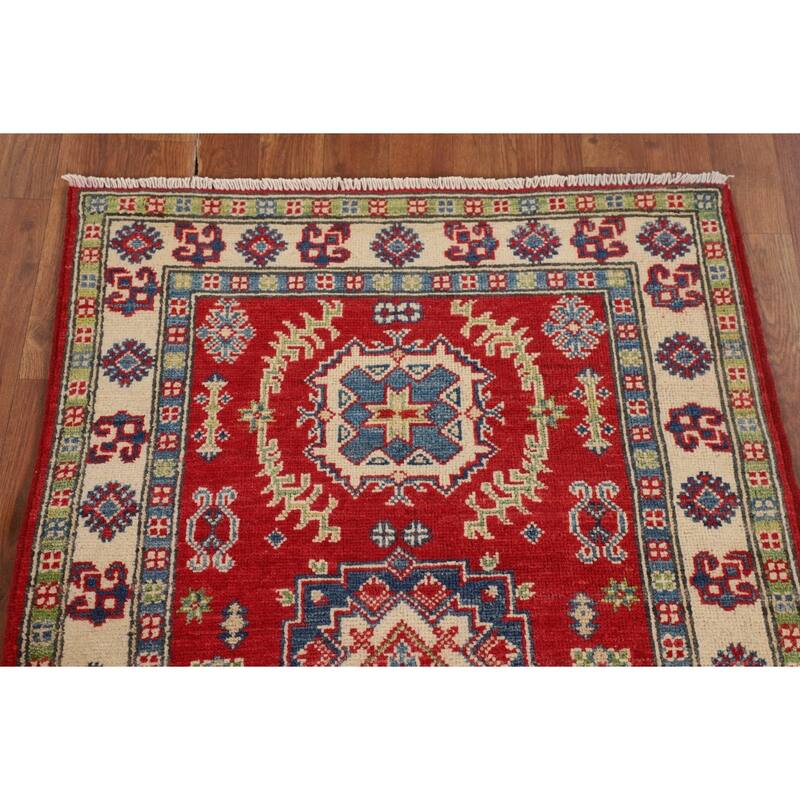 Geometric Red Kazak Foyer Rug Hand-Knotted Traditional Wool Carpet - 2'8" x 4'1"