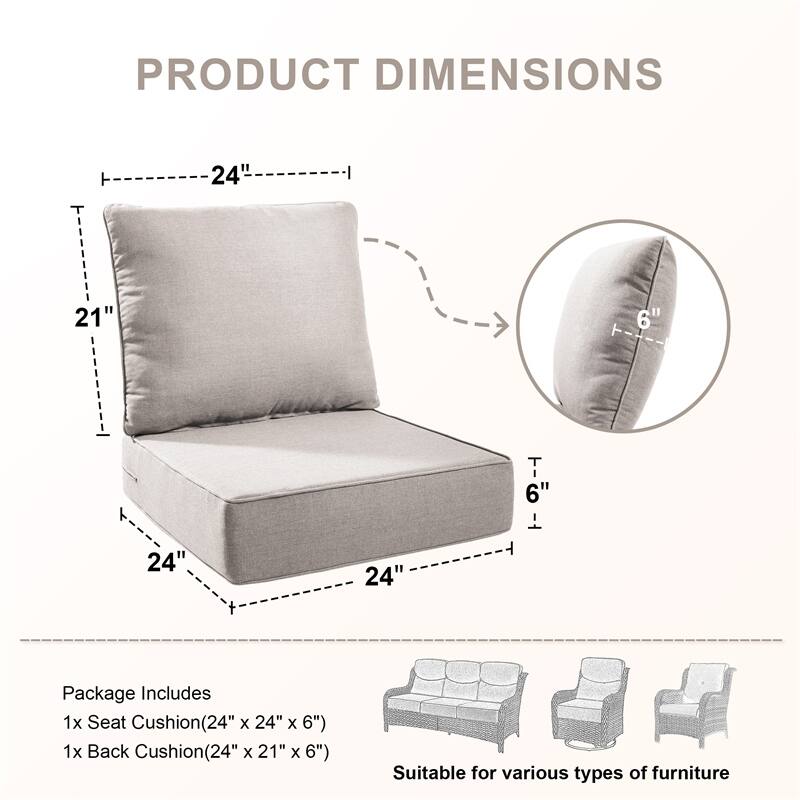 Pocassy 24x24x6 Inch Thick Cushions Pillows Indoor Outdoor Deep Seat Water & Fade Resistant - 6 Set