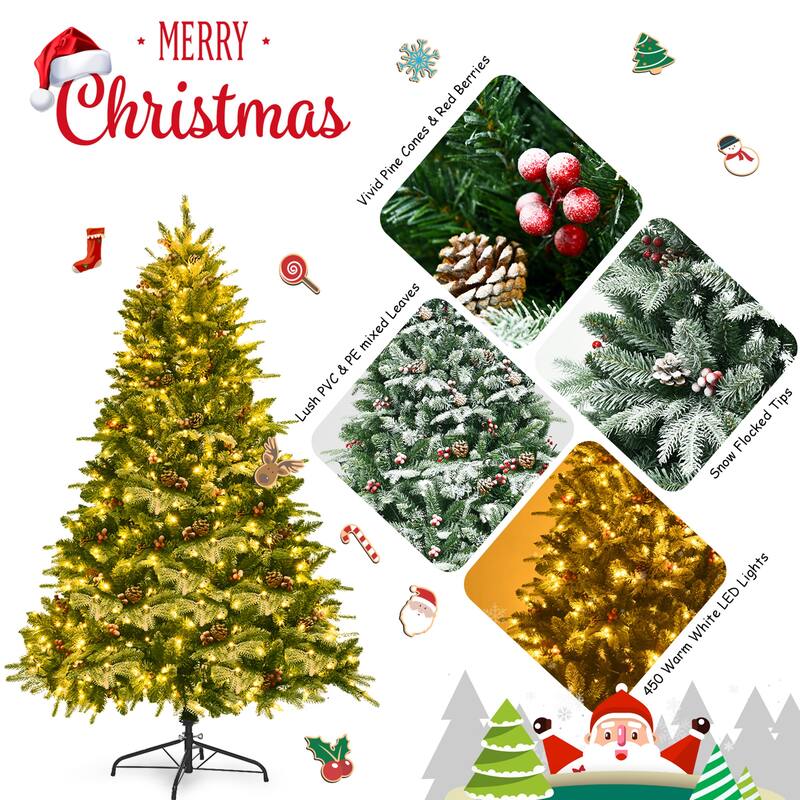 Gymax 6.5FT Pre-lit Pine Christmas Tree Snow Flocked Decoration Tree - See Details