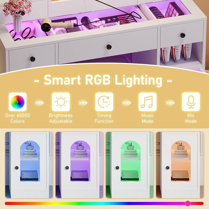 43.2" Vanity Desk with LED Mirror and Lights, Dressing Table with 5 Drawers ,Storage Shelves and Stool for Bedroom, White