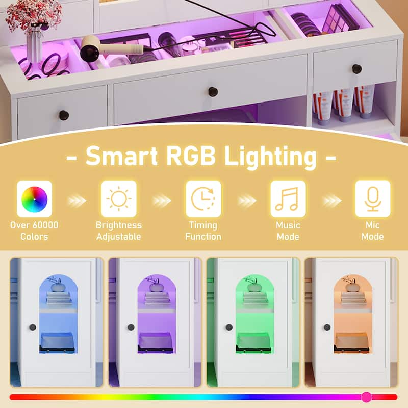 43.2" Vanity Desk with LED Mirror and Lights, Dressing Table with 5 Drawers ,Storage Shelves and Stool