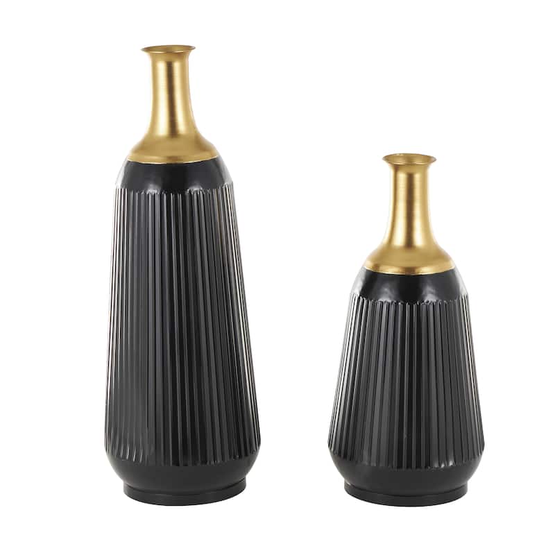 Metal Tall Ribbed Decorative Vase with Gold Tops - Set of 2 Black - Roche River Decor