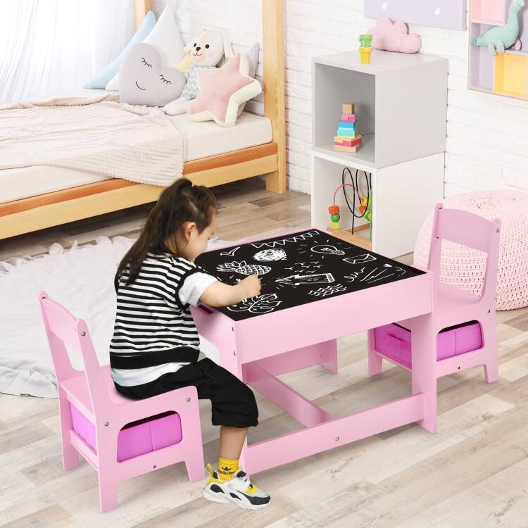 Kids Table Chairs Set With Storage Boxes Blackboard Whiteboard Drawing - 24.5" x 24.5" x 19"