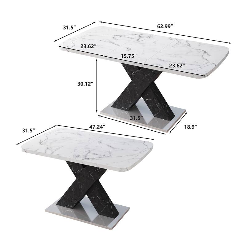 Modern Square Dining Table, Stretchable, with X-Shape Table Leg with Metal Base