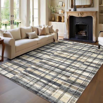 Area Rugs for Living Room Bedroom Modern Geometric Rug Low Pile Non Slip Farmhouse Plaid Carpet
