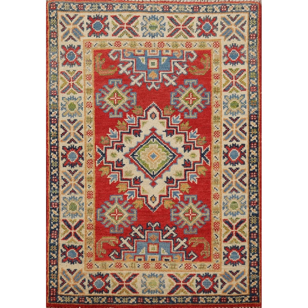 Red Kazak Oriental Foyer Rug Hand-Knotted Wool Carpet - 2'0"x 3'0"