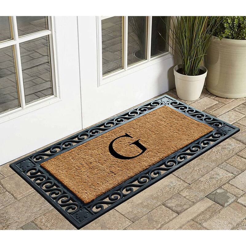 A1HC Rubber and Coir Maple Leaf, Heavy Weight Durable Monogrammed Doormat, 23"X38" Black