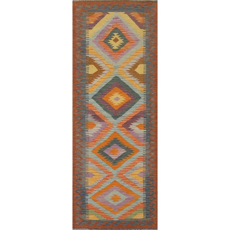 Hand Woven Oriental 100% Wool Carpet Southwestern Geometric Multi-Colored Kilim Runner Rug - 7' 6'' X 2' 5''