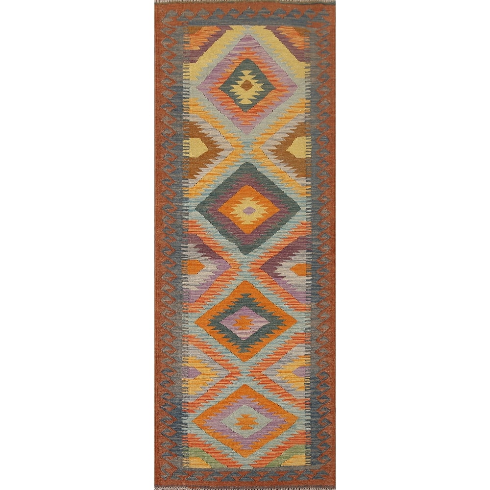 Hand Woven Oriental 100% Wool Carpet Southwestern Geometric Multi-Colored Kilim Runner Rug - 7' 6'' X 2' 5''
