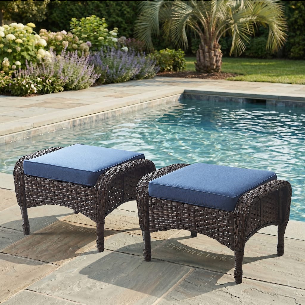 Meyreso Outdoor Wicker Ottoman with Cushion - 17"L x 25"W x 16"H - Coffee Table, Footrest, Extra Seat