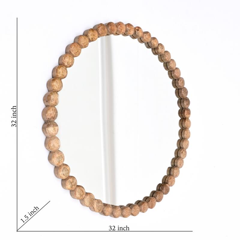 Round Natural Wooden Bead Frame Hanging Wall Mirror - Decorative Accent