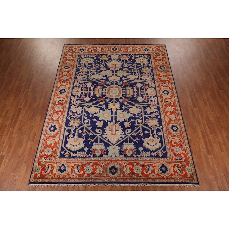 Heriz Serapi Indian Area Rug Hand-Knotted Blue Oriental Wool Carpet - 8'10" x 11'9"