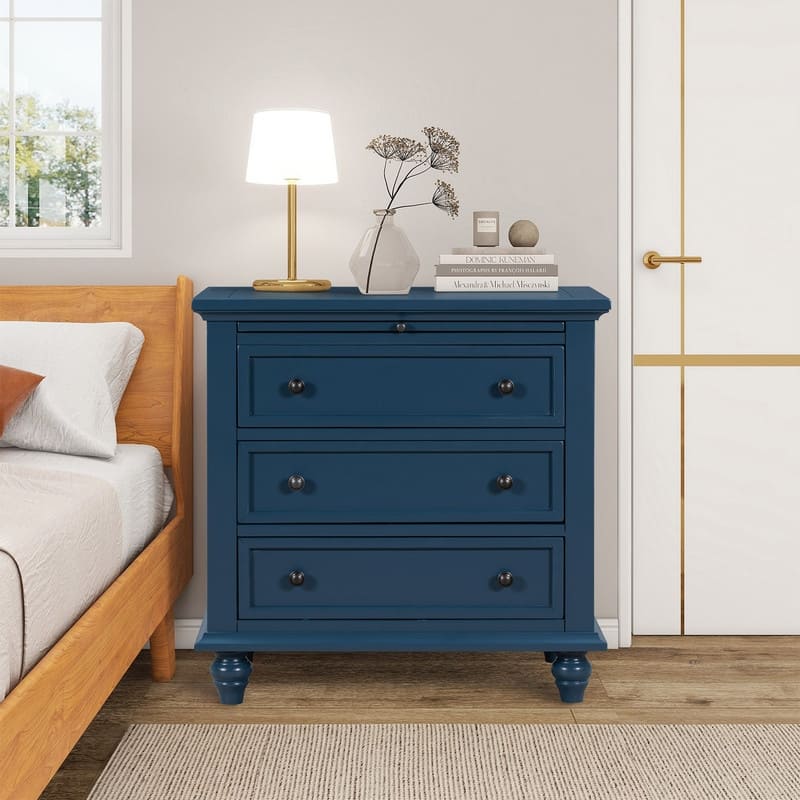 Farmhouse 3-Drawers Wood Nightstands with Pull Out Tray and Solid Wood Legs - Blue