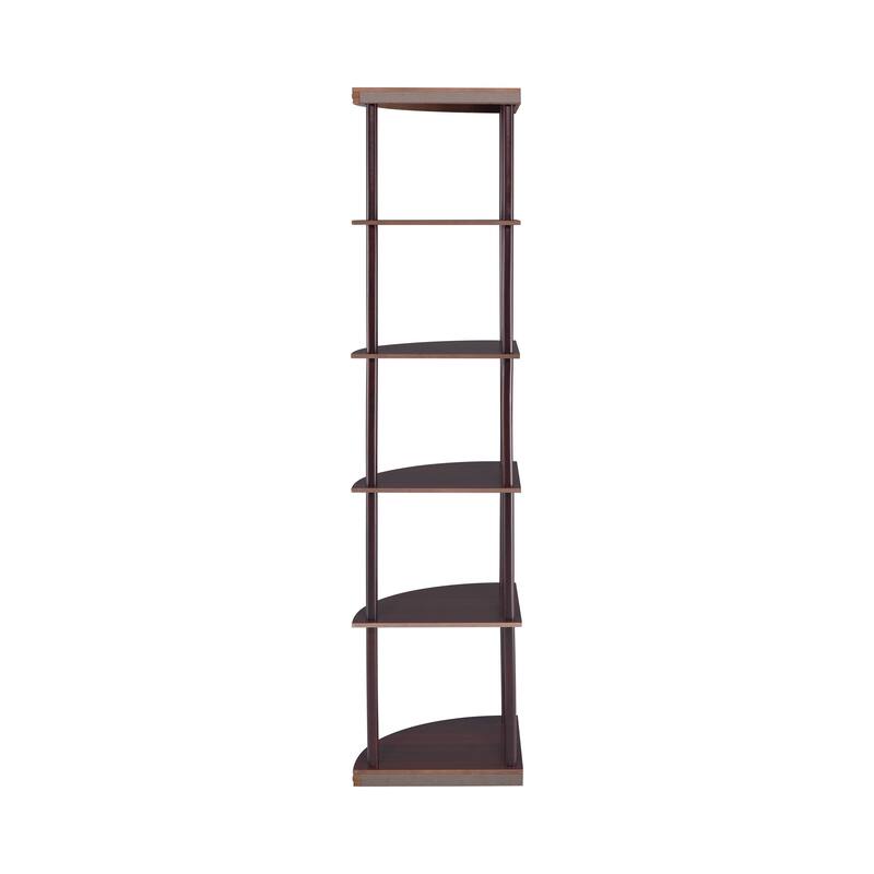 Illuminating corner bookcase with five pie shaped shelves, Brown