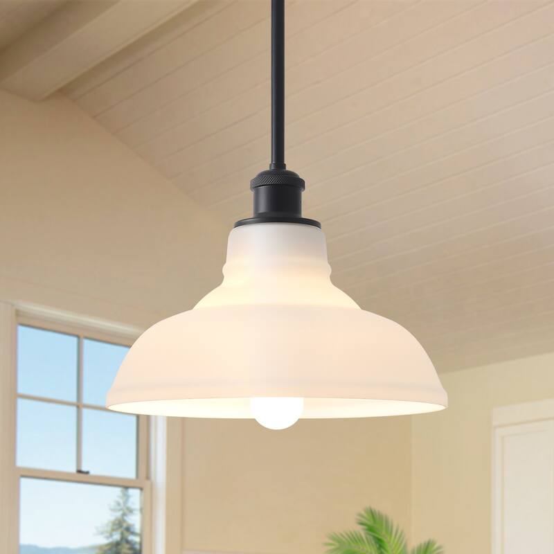 1-Light Adjustable Dome Shaded Pendant Light with Cream Glass Shade, Semi Flush Mount Chandelier for Dining Room Living Room - Black and Milky White