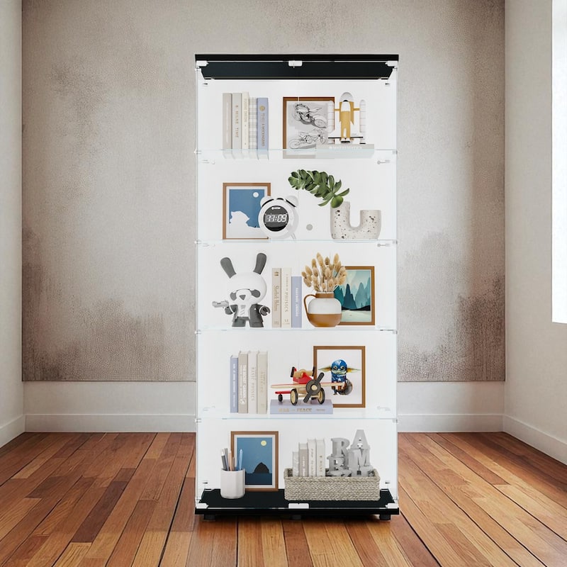 Glass Display Cabinet with Doors & Locks, Acrylic Shelves, Floor Standing Storage Showcase for Home or Office
