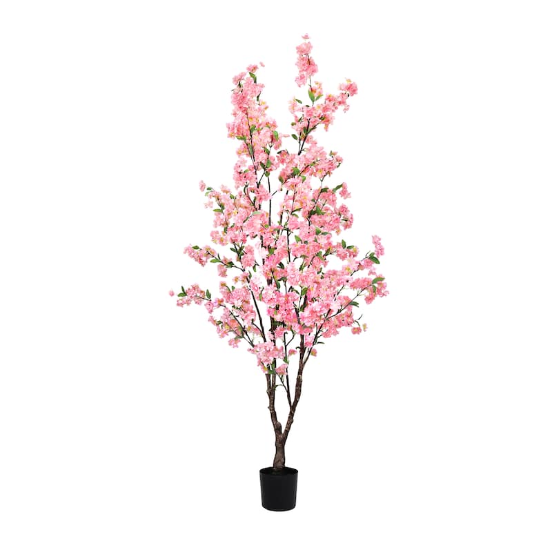 5.5ft Pink Artificial Cherry Blossom Flower Tree Plant in Black Pot - 66" H x 34" W x 32" DP