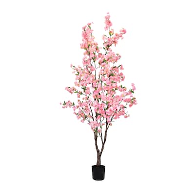 5.5ft Pink Artificial Cherry Blossom Flower Tree Plant in Black Pot - 66" H x 34" W x 32" DP