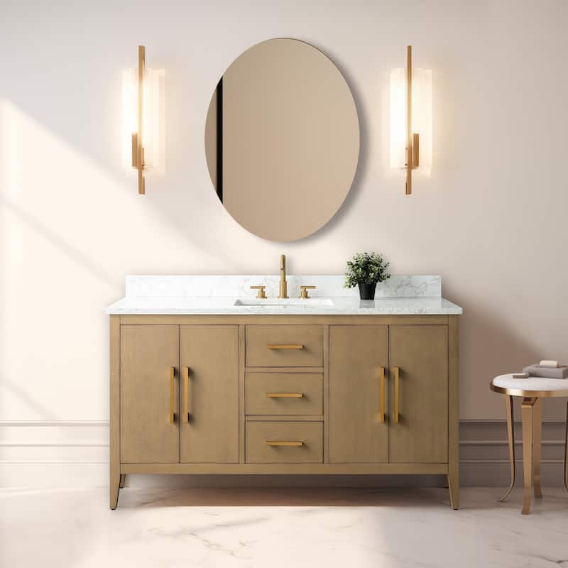 Vanity Art 60" Single Sink Bathroom Vanity Cabinet with Engineered Marble Countertop - 60"/Golden Brushed Handle - Natural Oak