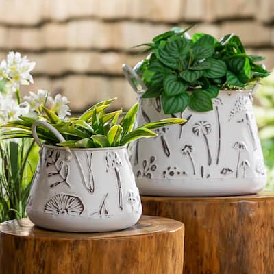 9" Embossed Mushrooms Planter with Handles, Nested Set of 2