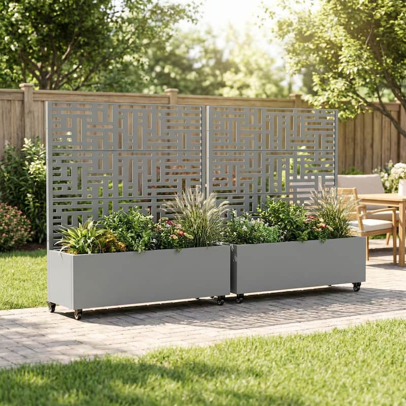 Metal Movable Planter Box with Trellis Privacy Screen Lockable Wheels
