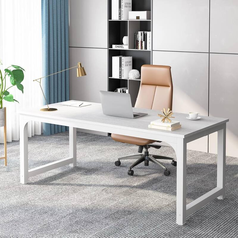 70.8" Executive Office Desk, Large Modern with Thick Metal Frame, White