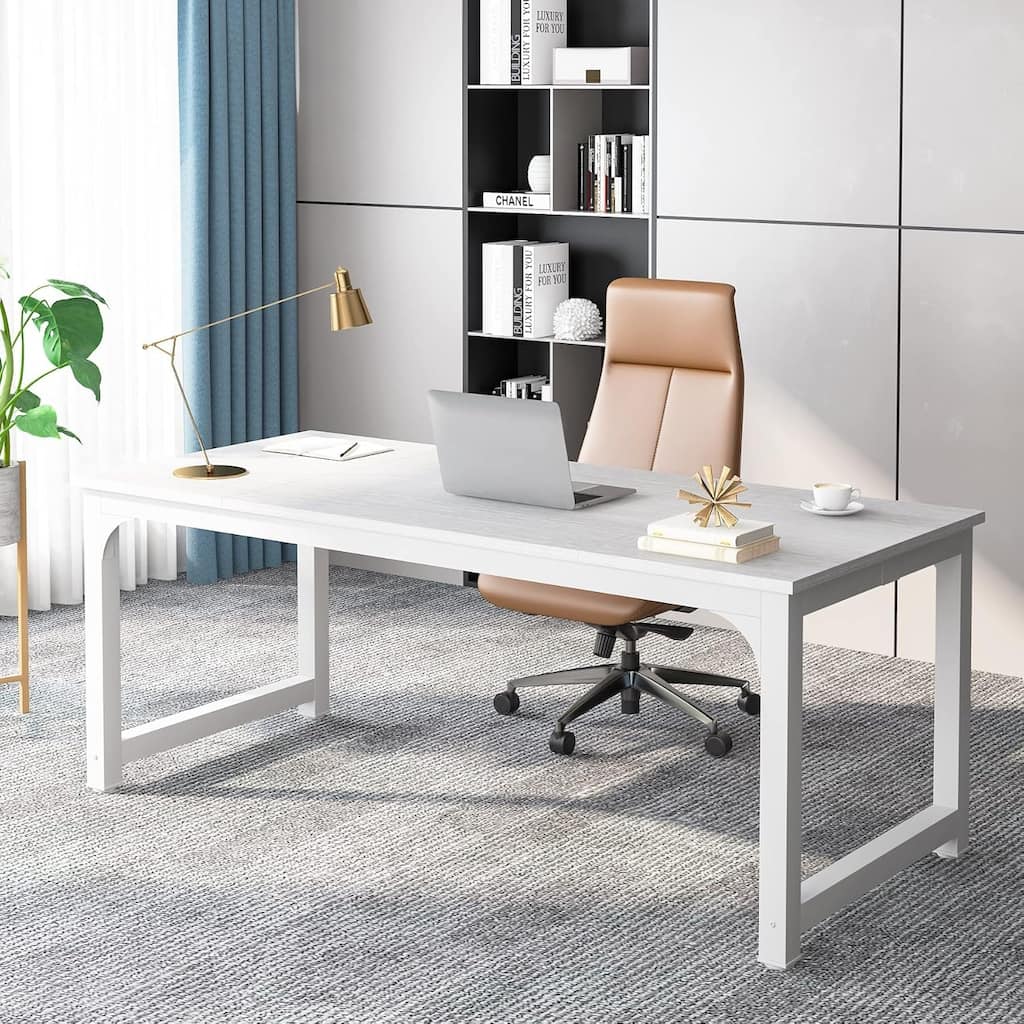 70.8" Executive Office Desk, Large Modern with Thick Metal Frame, White