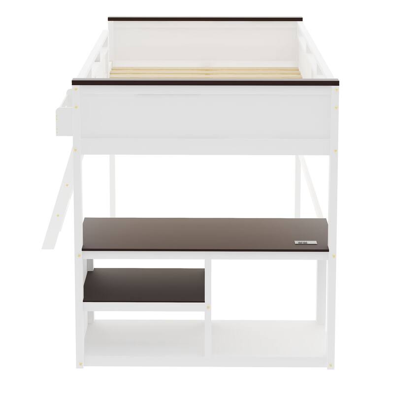 Queen Size Loft Bed with Desk, Open Shelf and Storage Box, USB Charging Station, Wooden Support Bed Frame, No Box Spring Needed