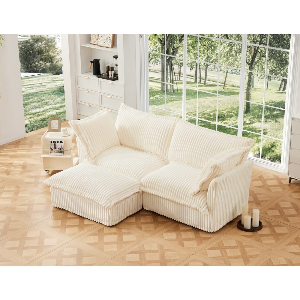 GDFStudio - Slipcovered 2-Seater 83.4" L-Shaped Corduroy Sectional Loveseat Sofa with Ottoman